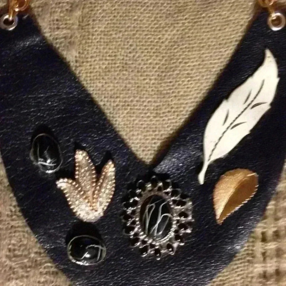 One Of A Kind Blue Leather Necklace  With Cameo & Beaded Leaves. Handmade By Me! - Picture 6 of 8